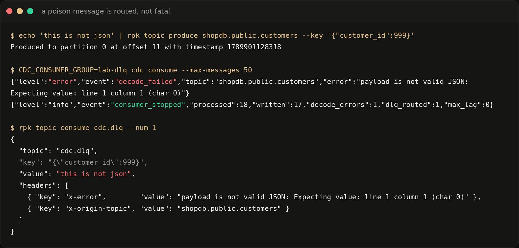 A poison message logged as decode_failed, routed to cdc.dlq with x-error and x-origin-topic headers, while the run still writes 17 rows
